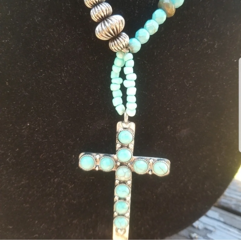 GYPSY SOULE TURQUOISE & SILVERTONED CROSS PENDANT SOUTHWEST NECKLACE